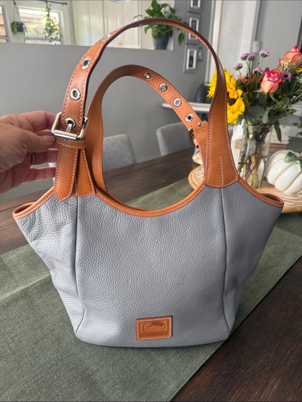 Dooney & Bourke Light Gray Pebbled Leather Shoulder Bag with Tan Trim